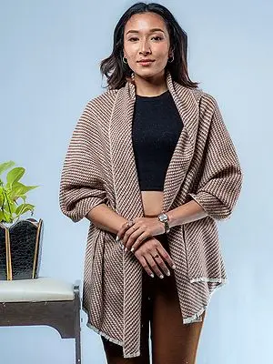 Brown Pure Pashmina Two Ply Basket Weave Stole from Nepal