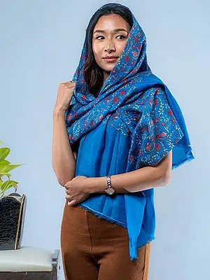 French-Blue Pashmina Silk Plumeria Flower Vine Printed Stole from Nepal