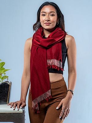 Tango-Red Pashmina Silk Plain Scarf from Nepal with Beaded Fringe