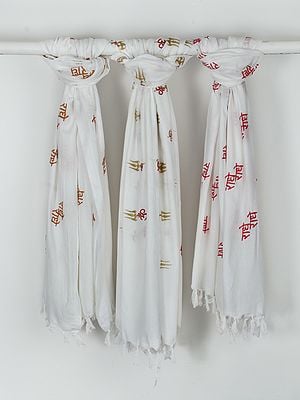 Lot of Three Pristine-White Color Om-Trishul-Radhe-Radhe Prayer Shawls
