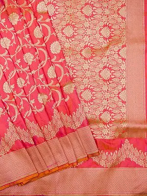 Calypao-Coral Patola Banarasi Pure Katan Saree with Floral Vine Woven Pattern
