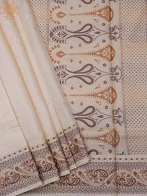 Snow-White Pure Tassar Silk Plain Banarasi Saree with Mango Bail Pattern Border