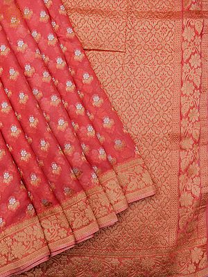 Pure Silk Chiffon Alfi Jamdani Banarasi Saree With All-Over Menna Butta And Vine Pattern Border
