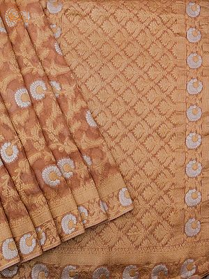 Pure Silk Chiffon Alfi Jamdani Banarasi Saree With Floral Creepers Pattern And Fringe