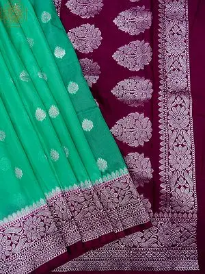 Turquoise Organza Kadwa Silk Banarasi Saree with Zari Butta and Mughal Motif Pallu