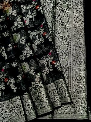 Pirate-Black Banarasi Khaddi Georgette Saree With Meena Floral Vine Woven All-Over Pattern