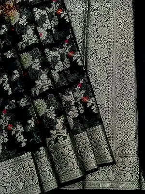 Pirate-Black Banarasi Khaddi Georgette Saree with Meena Floral Vine Woven Pattern