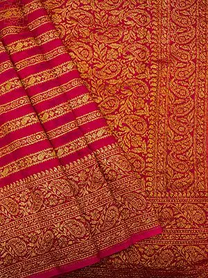 Virtual-Pink Chiffon Khaddi Georgette Banarasi Saree with Floral Striped Pattern and Paisley Vine Motif Border-Pallu