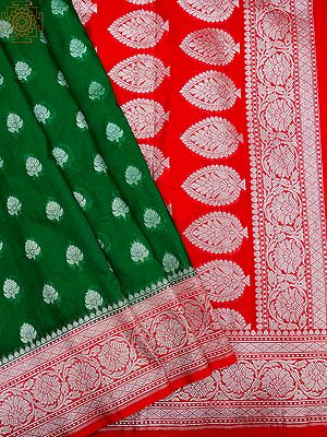 Jolly-Green Khaddi Georgette Foulard Pattern Banarasi Saree With Mughal Motif Pallu