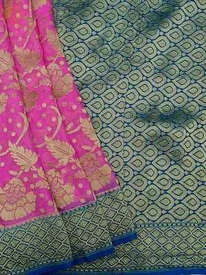 Pink Khaddi Georgette Banarasi Saree with Blooming Flower Vine and Diamond Motif Border