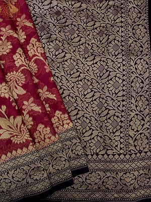 Party-Punch Khaddi Jorjet Banarasi Bel Butta Pattern Saree With Contrast Broad Border