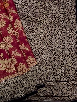 Party-Punch Khaddi Jorjet Banarasi Bel Butta Pattern Saree With Contrast Broad Border