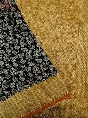 Jet-Black Chiffon Khaddi Georgette Banarasi Saree with Bel Buti Motifs and Chowkadi Jaal Pattern Border-Pallu