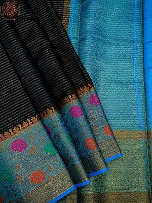 Moonless-Night Maslin Cotton Banarasi Saree with Stripe Pattern and Meena Bail Pattern Border