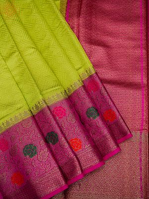 Banarasi Muslin Cotton Diamond Weave Saree With Meena Floral Vine Pattern Border