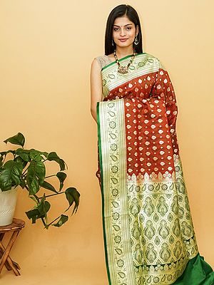 Valiant-Poppy Satin Silk Banarasi Saree With Brocade Conch Motif And Floral Mughal Butta On Contrast Pallu
