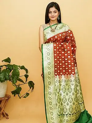 Valiant-Poppy Satin Silk Banarasi Saree With Brocade Conch Motif And Floral Mughal Butta On Contrast Pallu