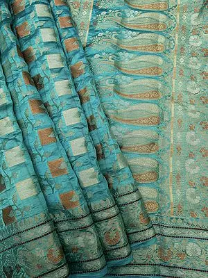 Tahitian-Teal Pure Silk Square-Leaf Motif Banarasi Saree With All-Over Meena Work And Phool Bail Border