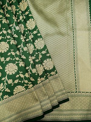 Verdant-Green Silk Floral Jaal Pattern Banarasi Saree with Contrast Broad Border