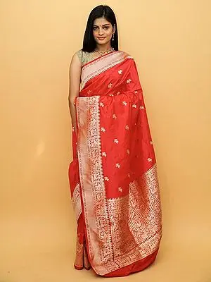 Scarlet-Red Banarasi Pure Khaddi Silk Saree with Brocaded Peacock-Elephant Motif