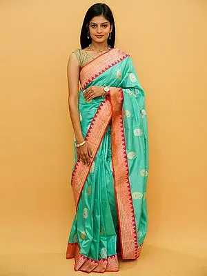 Aruba-Blue Pure Silk Meena Work Banarasi Saree With Paisley Motif All-Over On Body-Pallu