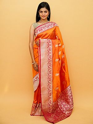 Flame-Orange Pure Khaddi Silk Banarasi Saree With Mayil-Parrot Motif On All-Over