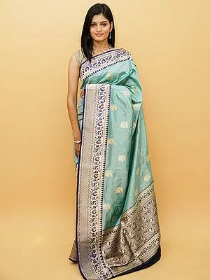 Aqua-Sky Pure Khaddi Silk Banarasi Saree With All-Over Zari-Woven Bird Motif