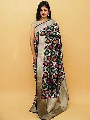 Jet-Black Pure Silk Minadari Floral Jaal Pattern Banarasi Saree with Diamond Motif Border-Pallu