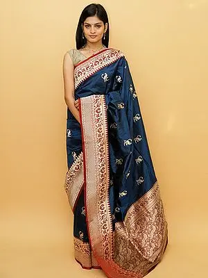 Sailor-Blue Pure Khaddi Silk Parrot Motif Banarasi Saree with Peacock-Vine Pattern on Border-Pallu