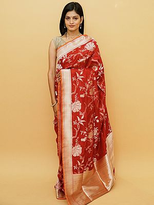 Fluorescent-Red Pure Silk Sona-Rupa Jaal Pattern Banarasi Saree
