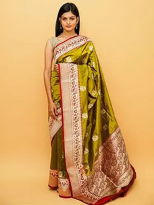 Green-Envy Pure Khaddi Silk Bird Motif Banarasi Saree with Peacock-Vine Pattern on Border-Pallu