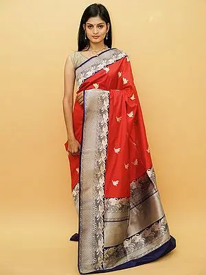 Poppy-Red Pure Khaddi Silk Contrast Banarasi Saree with Heron Bird Motif and Diamond Pattern Pallu