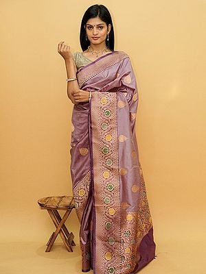Orchid-Haze Pure Silk Woven Kadua Buti Banarasi Saree And Meena Work Vine Pattern On Body-Pallu