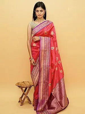 Rouge-Red Pure Silk Meena Butta Banarasi Saree with Floral Ogee Pattern Pallu