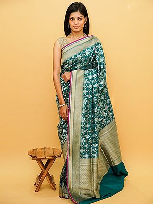 Harbor-Blue Pure Silk Sona-Rupa Jaal Banarasi Saree With Diamond Pattern Pallu