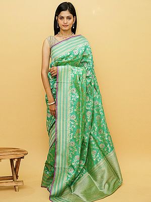 Mint-Leaf Banarasi Pure Silk Minadaar Floral Vine Saree With Stripe Pattern Pallu