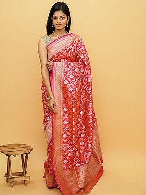 True-Red Pure Silk Sona-Rupa Jaal Pattern Banarasi Saree With Contrast Broad Border