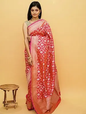 True-Red Pure Silk Sona-Rupa Jaal Pattern Banarasi Saree with Contrast Broad Border
