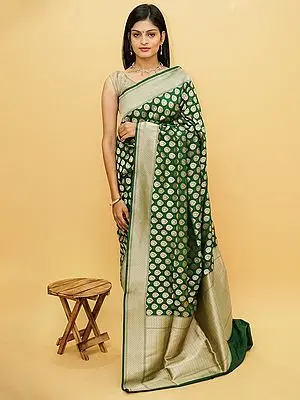 Verdant-Green Pure Silk Banarasi Saree with Thilagam Butta and Contrast Broad Border