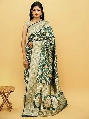 Deep-Sea Pure Silk Sona-Rupa Jaal Pattern Banarasi Saree With Bold Mughal Butta Pallu And Vine Pattern Border