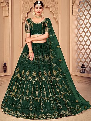 Dark-Green Net Lehenga Choli With Laddi-Mughal Motif Embellished Thread-Pearl Work And Scalloped Dupatta