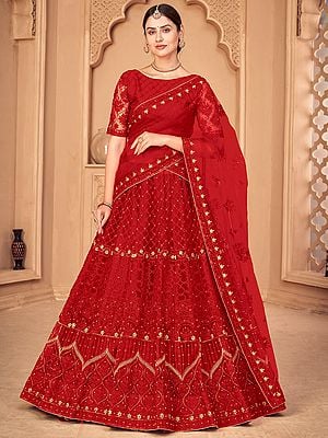 True-Red A-Line Net Lehenga Choli With All-Over Beautiful Thread-Pearl Embroidery And Matching Dupatta