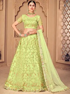 Luminary-Green Floral Meena Vine Motif Net Lehenga Choli With All-Over Thread-Pearl Work And Scalloped Pattern Dupatta