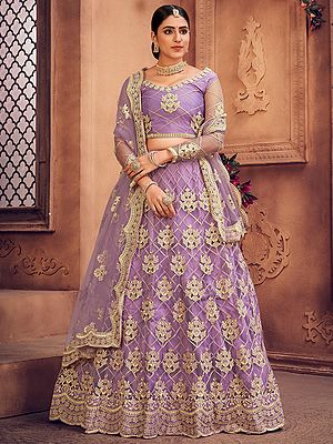 Purple-Rose Net Scalloped Pattern Mughal Motif Lehenga Choli With Thread-Pearl Embroidery And Designer Dupatta