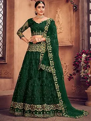 Botanical-Garden Net Lehenga Choli with Embroidered Thread-Pearl Work and Scalloped Dupatta