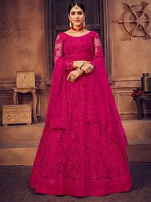 Pink Net Lehenga Choli with Phool Bail Pattern Thread-Pearl Embroidery and Scalloped Dupatta