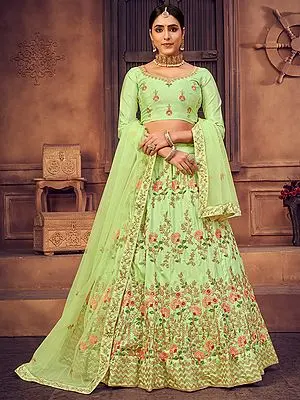 Light-Green Taffeta Silk Floral Meena Motif Lehenga Choli with Thread-Pearl Embroidery and Net Dupatta