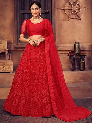 Tomato-Red Net Designer Lehenga Choli With All-Over Thread-Pearl Embroidery And Scalloped Dupatta