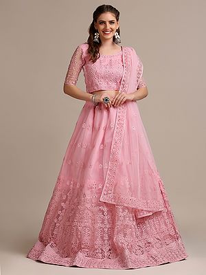 Parfait-Pink Net Lehenga Choli With Mughal-Floral Butta Pattern Thread-Pearl Embroidery And Dupatta