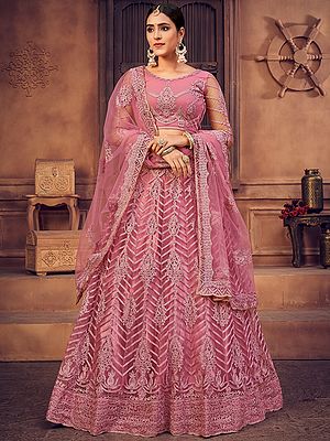 Dusty-Pink Net Lehenga Choli with Chevron-Mughal Pattern Thread-Pearl Work and Dupatta